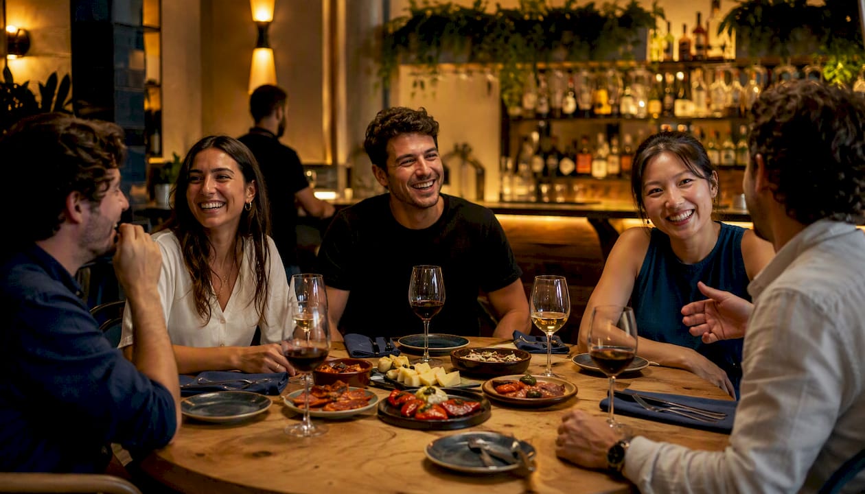 Young adults sharing tapas at modern taberna