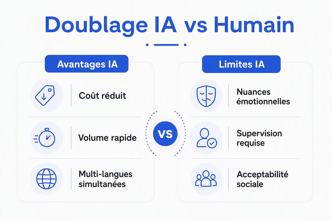 Infographie : panorama des points forts et des limites du doublage par intelligence artificielle