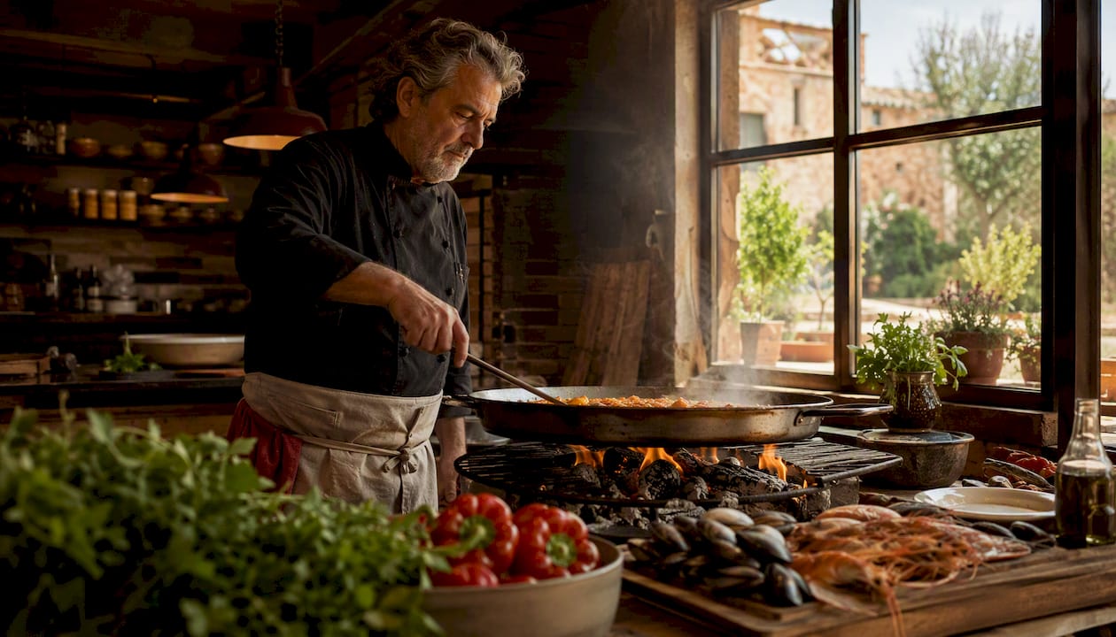 Un chef prepara una auténtica paella en la cocina del restaurante.