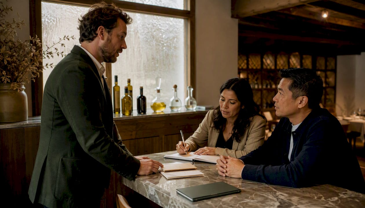 Group discussing preset menus in private dining room