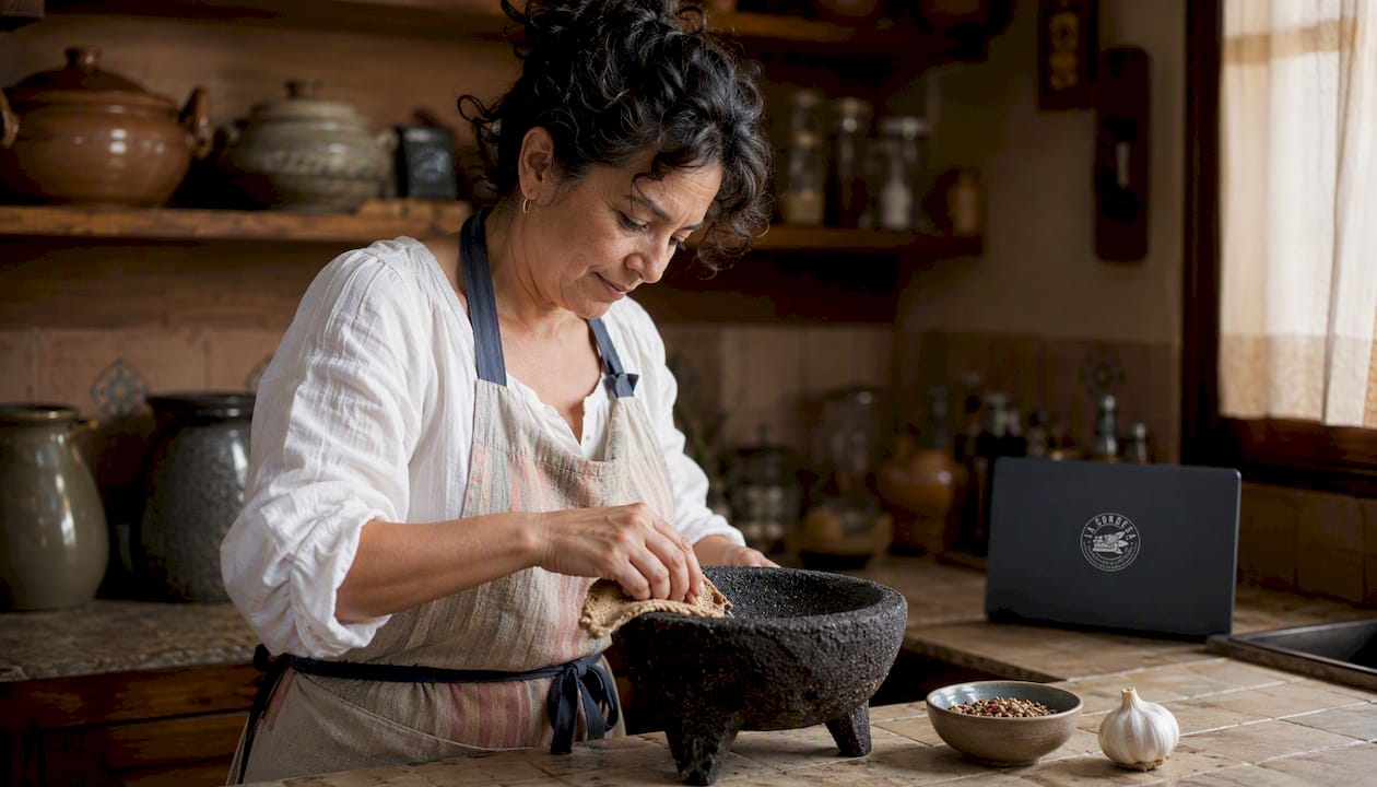 Una persona lavando un molcajete de piedra volcánica en la cocina.
