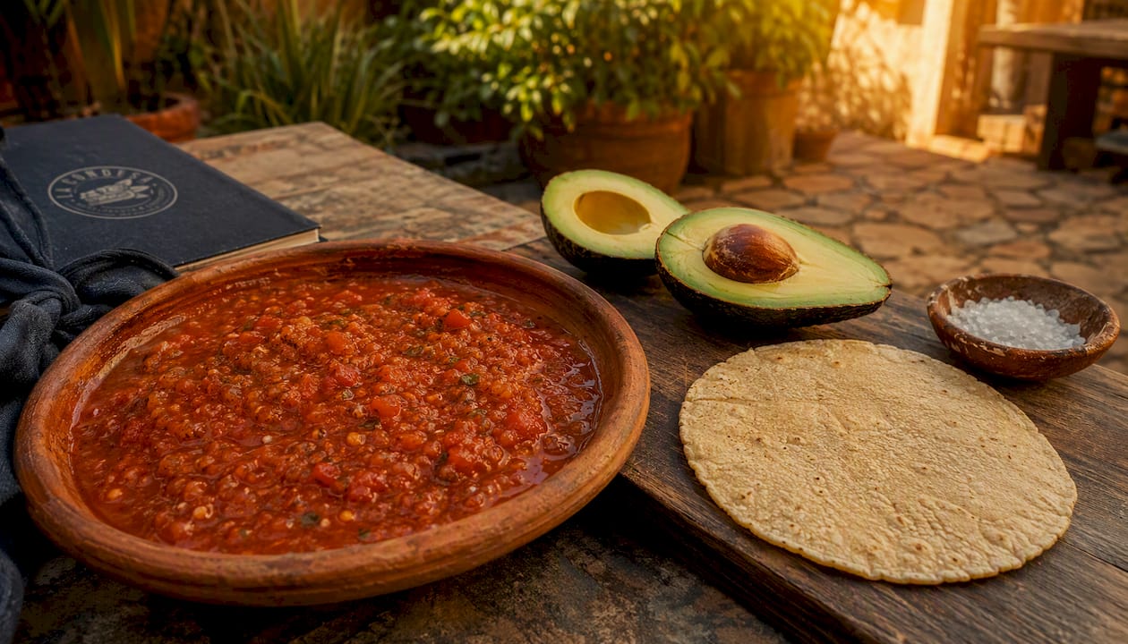 Detalle de una salsa mexicana de trozos grandes, mostrando su textura y los ingredientes frescos sobre una mesa de madera.