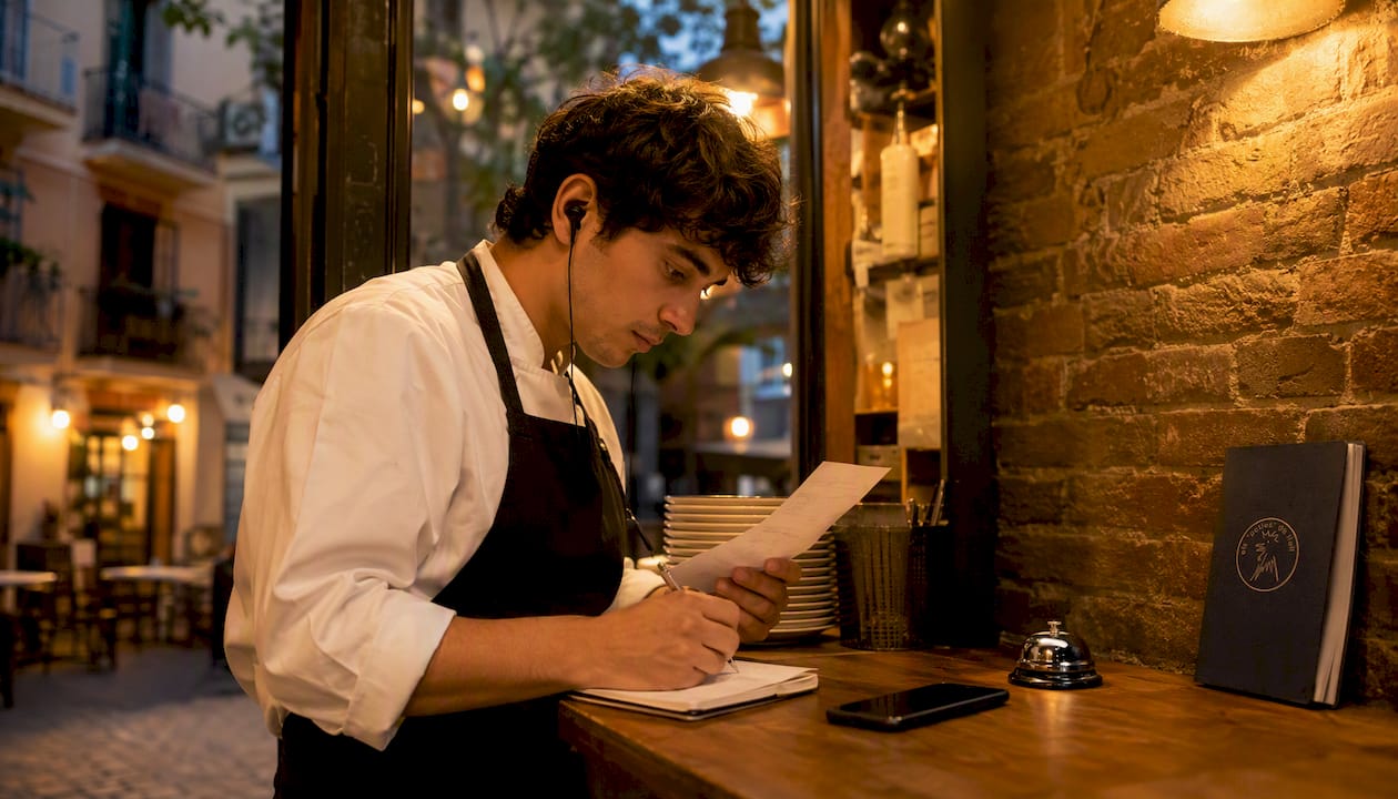 Empleado del restaurante comprobando los pedidos para entregar a domicilio