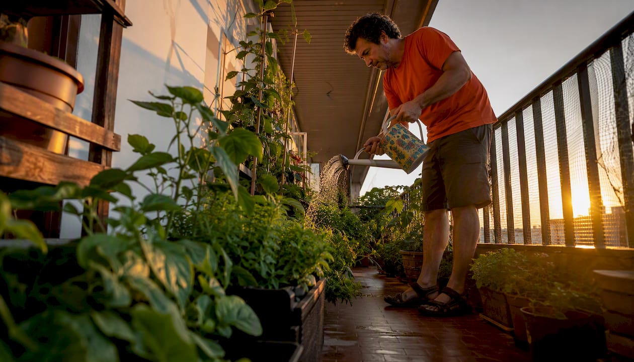 Un hombre cuida su huerto ecológico en la terraza, regando las plantas con esmero.