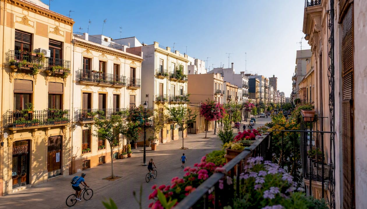Una tarde cualquiera en las calles tranquilas de Patraix, rodeado de edificios residenciales típicos del barrio.