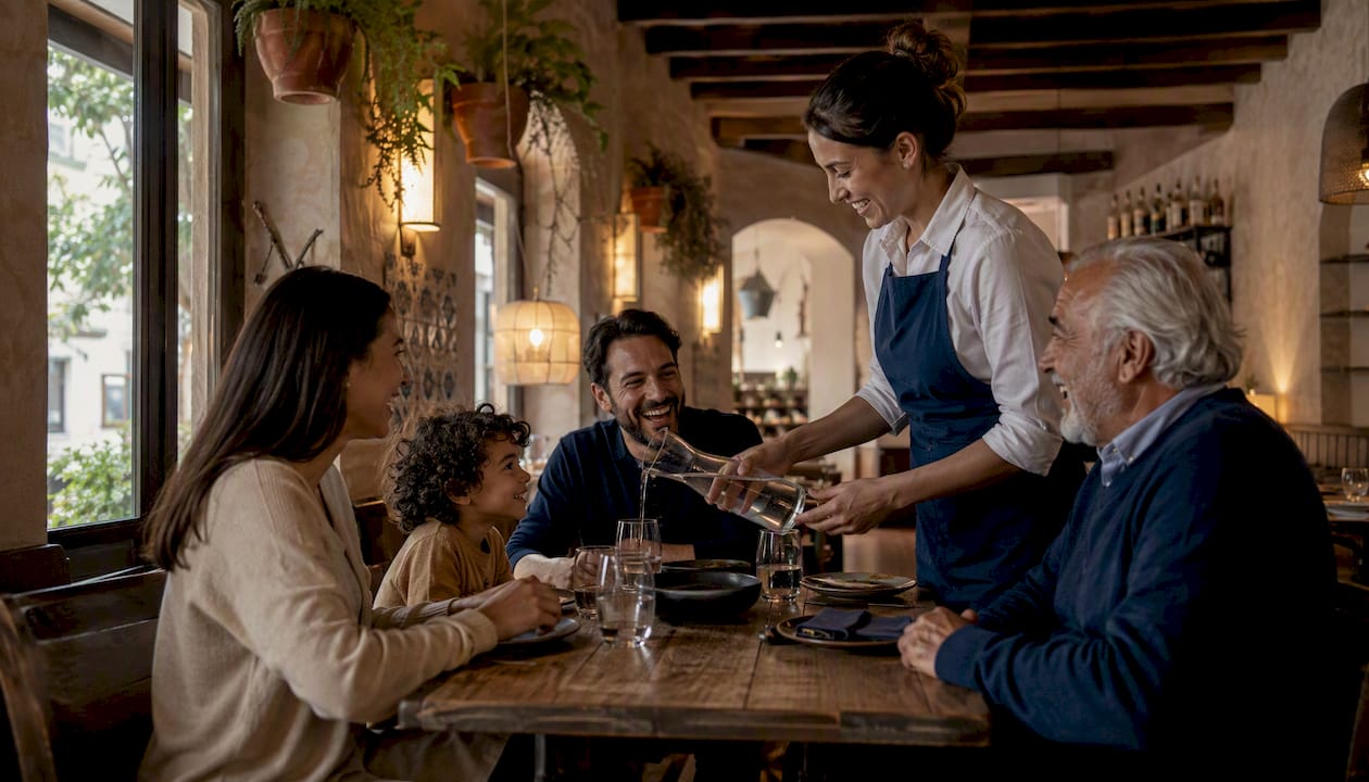 Family dining with accessibility features in restaurant