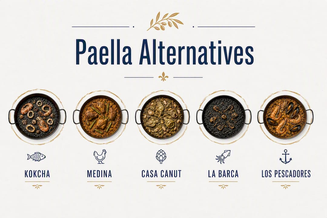 Infographic showing ranked paella alternatives near Sagrada Família