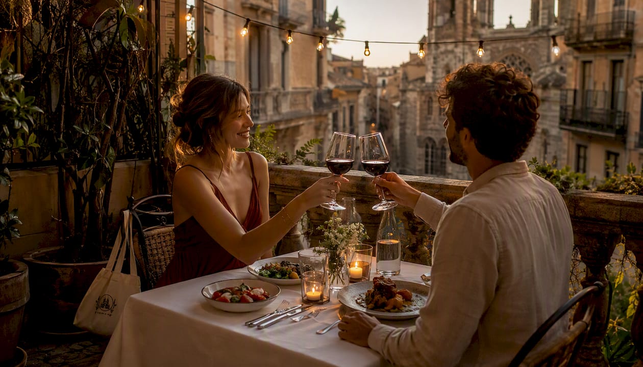 Una pareja disfruta de una cena íntima en una terraza mientras el sol se pone, creando un ambiente romántico y mágico.