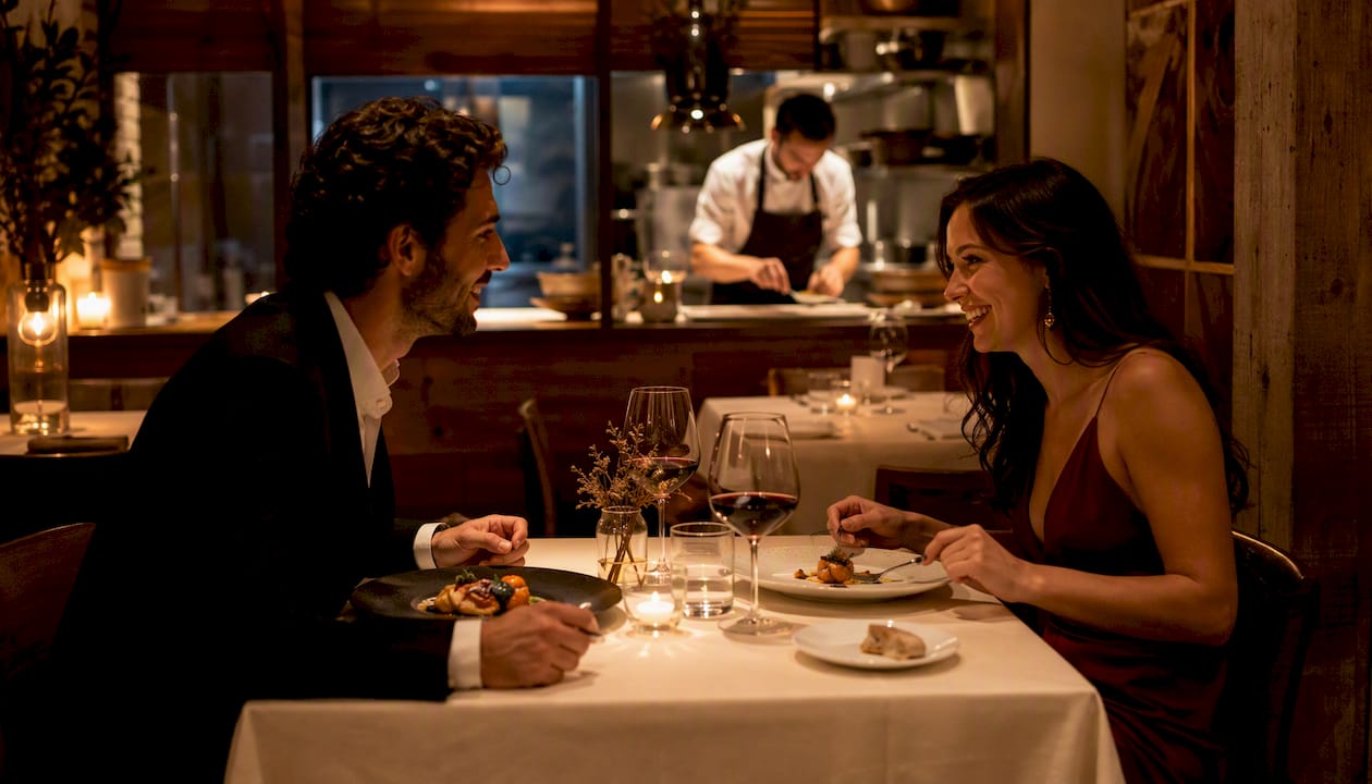 Una pareja disfruta de un menú degustación en un restaurante elegante.