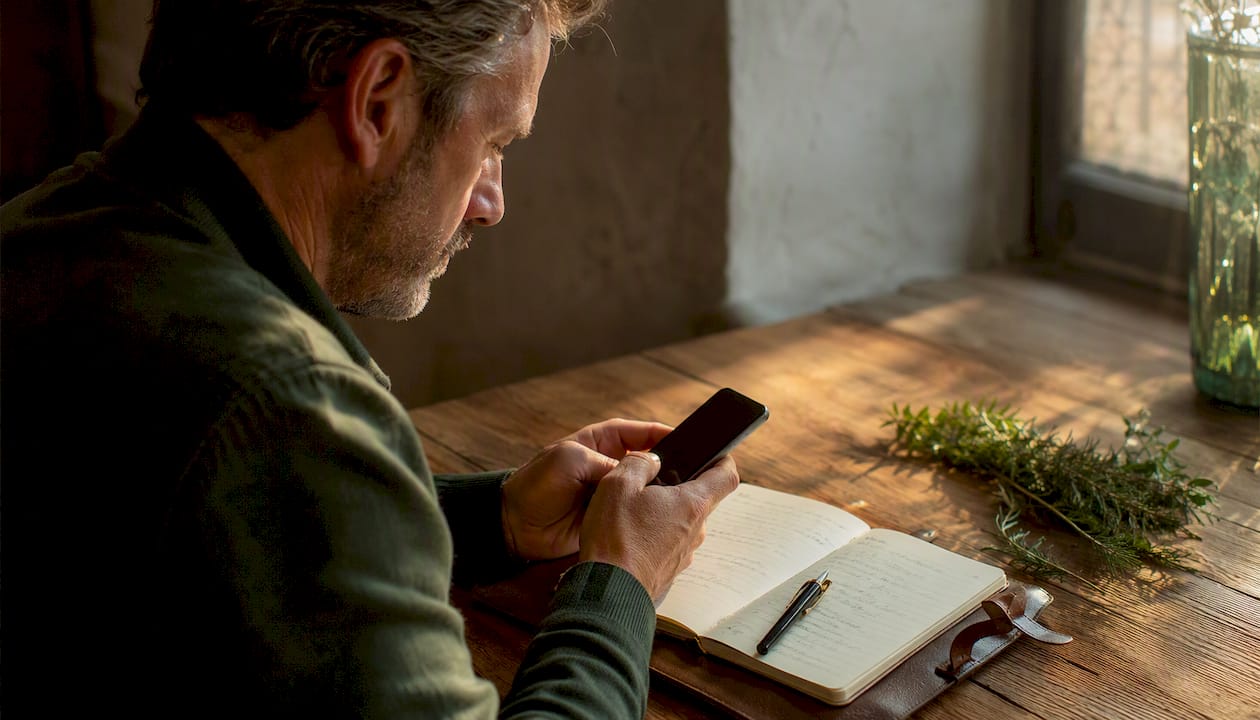 Hands dialing reservation on smartphone at home table