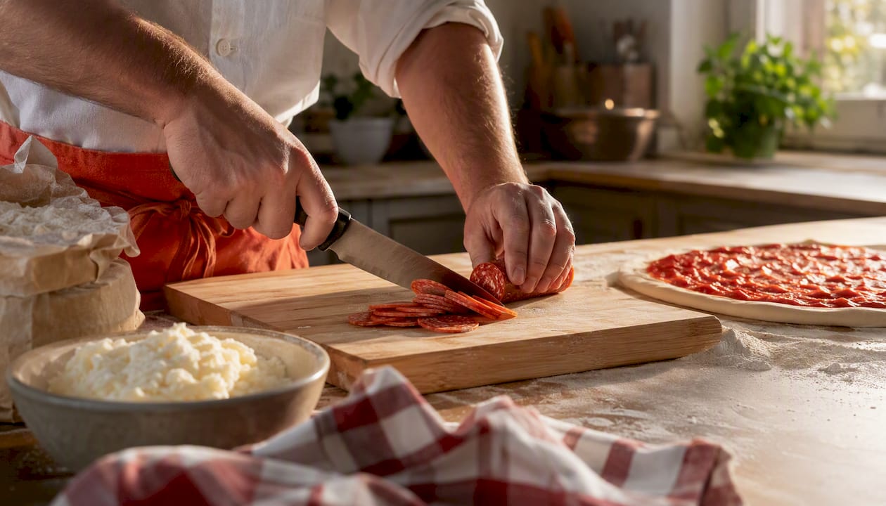 Unas manos cortando rodajas de pepperoni para preparar una pizza.