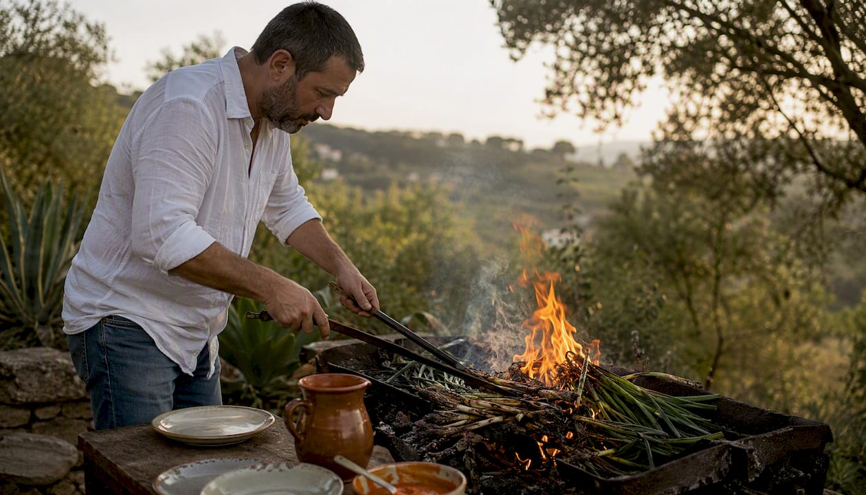 Un hombre prepara calçots sobre una parrilla ardiente, disfrutando del ritual típico de una buena calçotada.