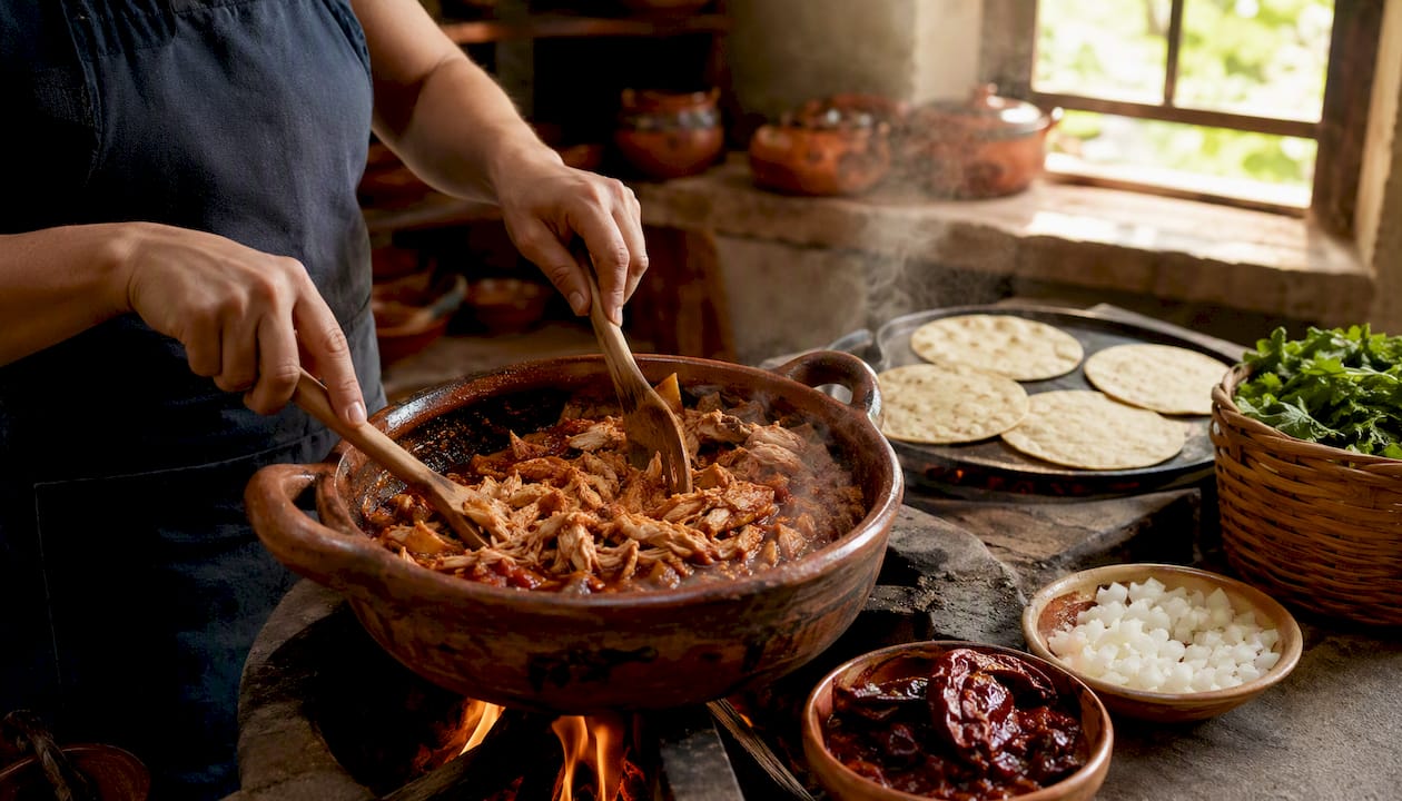 Unas manos preparan tinga de pollo en un sartén