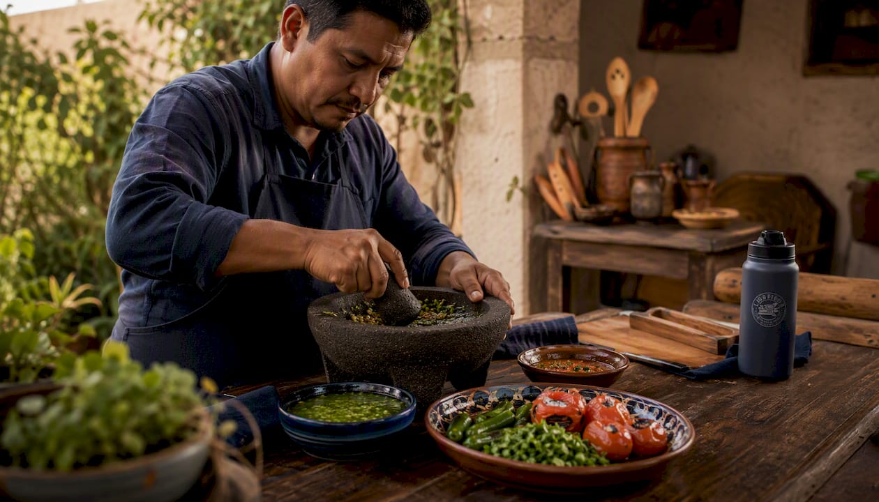 Vista cenital de una selección de salsas mexicanas tradicionales junto a sus ingredientes frescos