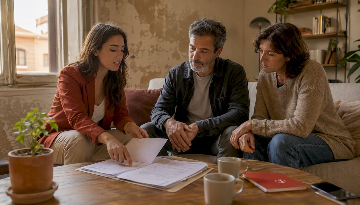 Asesora inmobiliaria guiando a los compradores en el proceso de firma de documentos