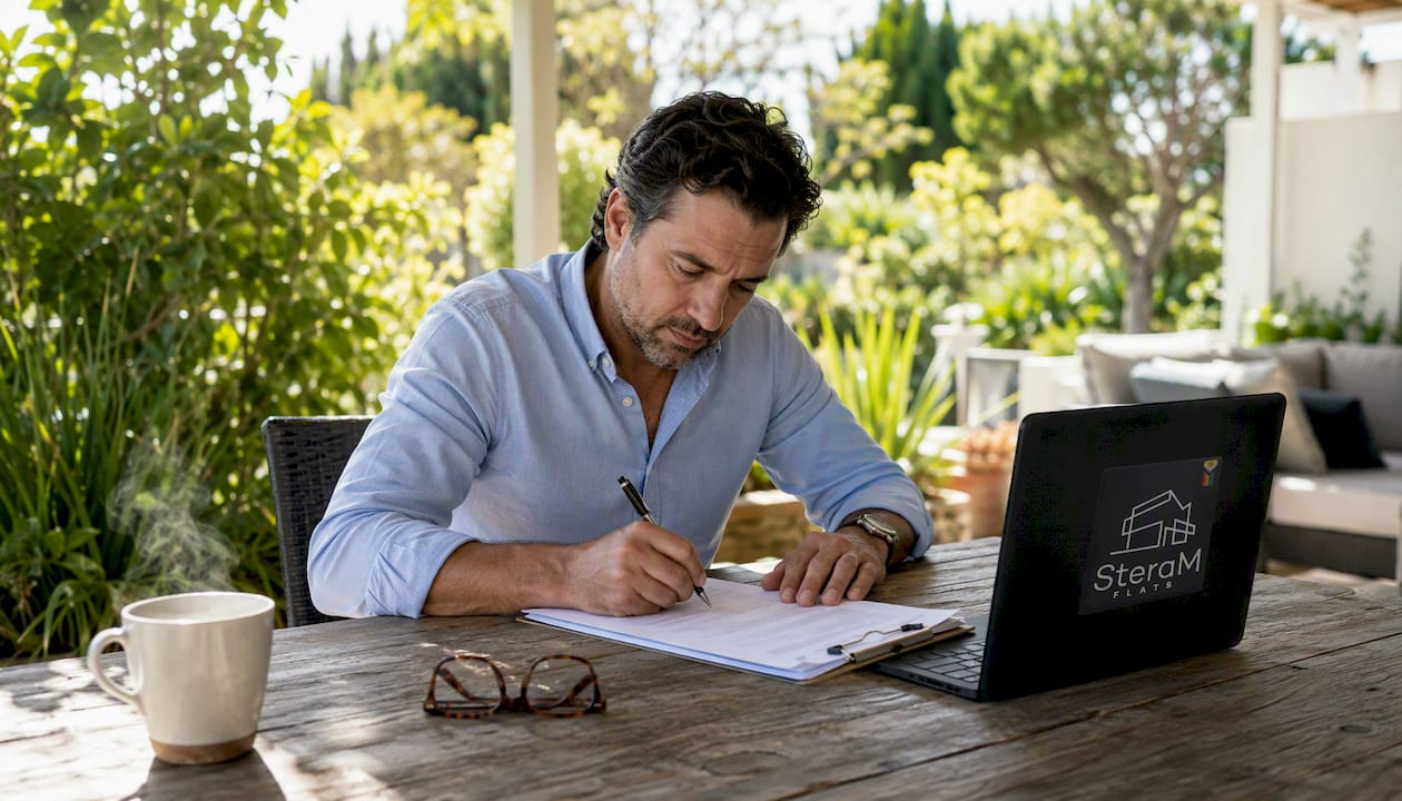 Hands taking notes on holiday rental documents