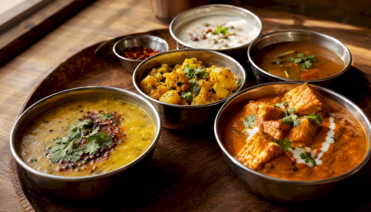 Platos típicos de la gastronomía india servidos en pequeños cuencos