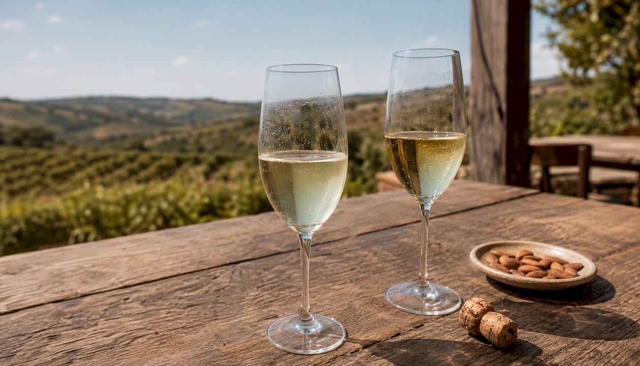 Dos copas de vino espumoso brindando al aire libre