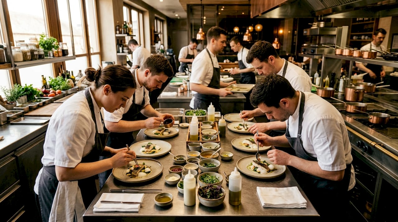 Chef plating food in restaurant kitchen
