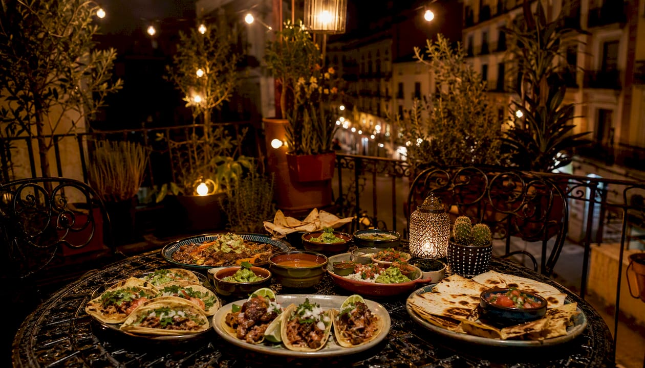 Platos mexicanos servidos en una mesa de terraza de un restaurante en Barcelona