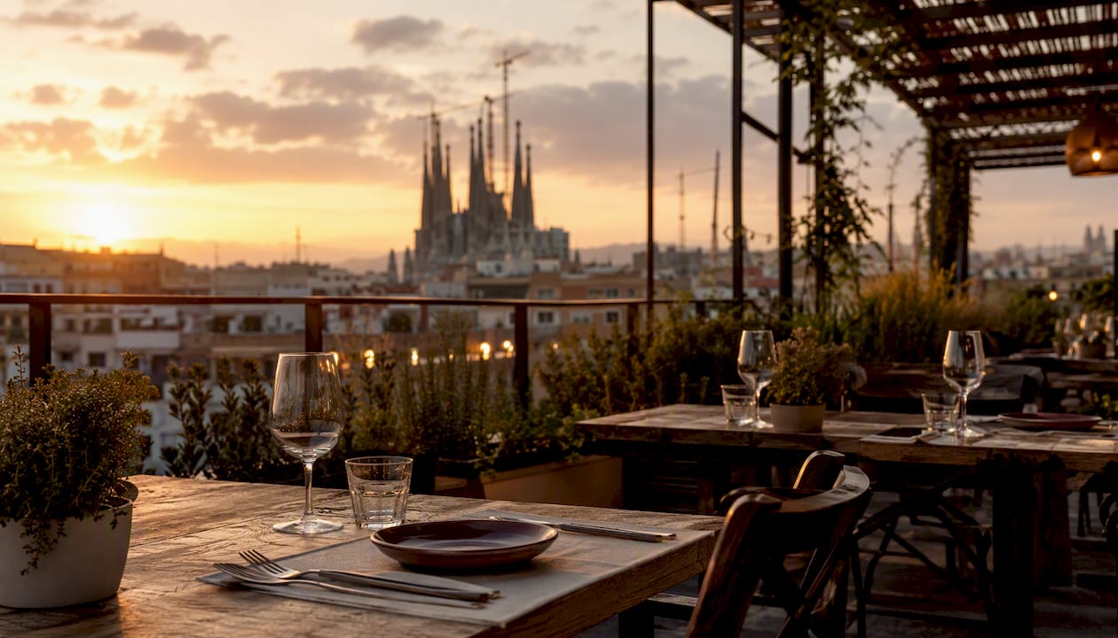 Disfruta de una terraza con vistas privilegiadas a la Sagrada Familia al atardecer