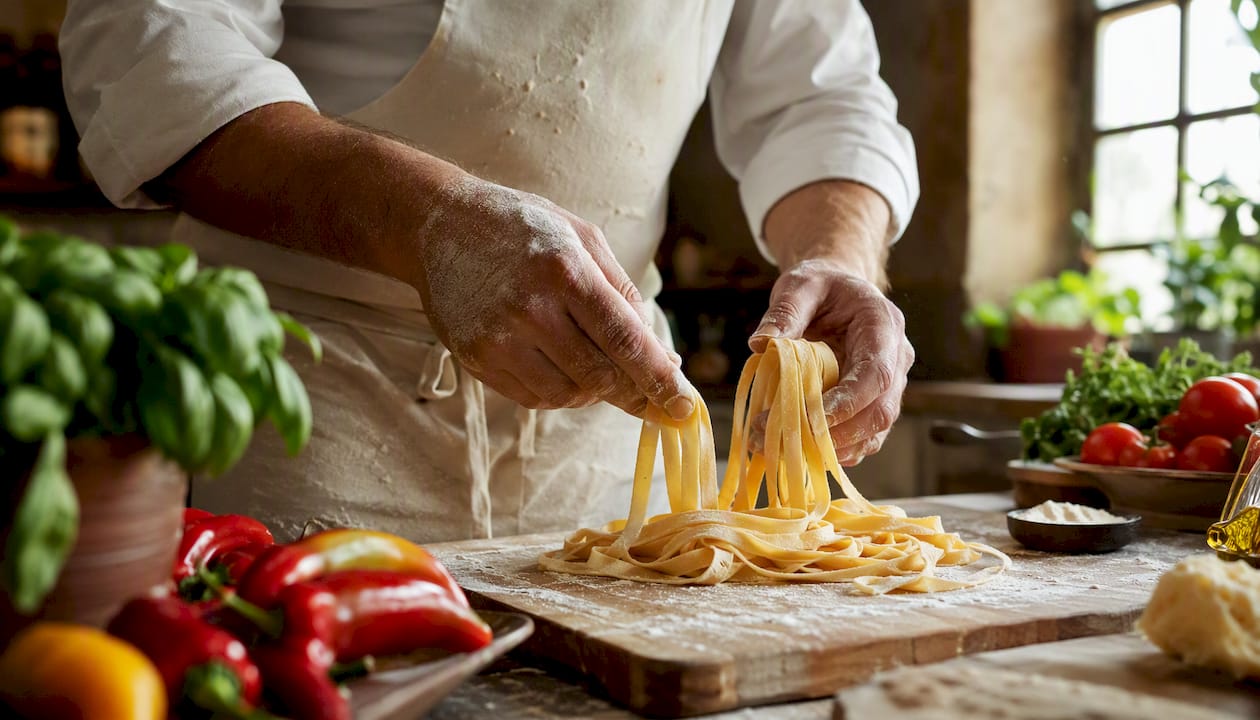 Un chef elaborando una pasta mediterránea recién hecha