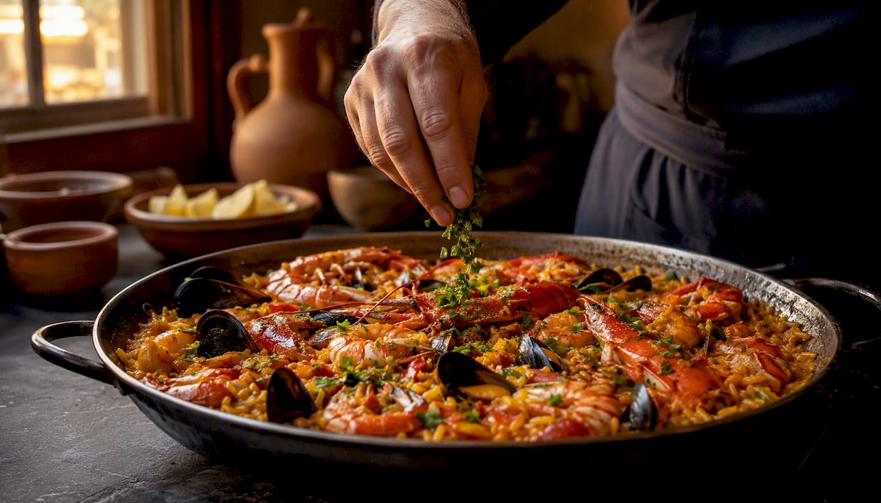 Un chef está cocinando una auténtica paella de mariscos a la vista de todos, en una cocina abierta.