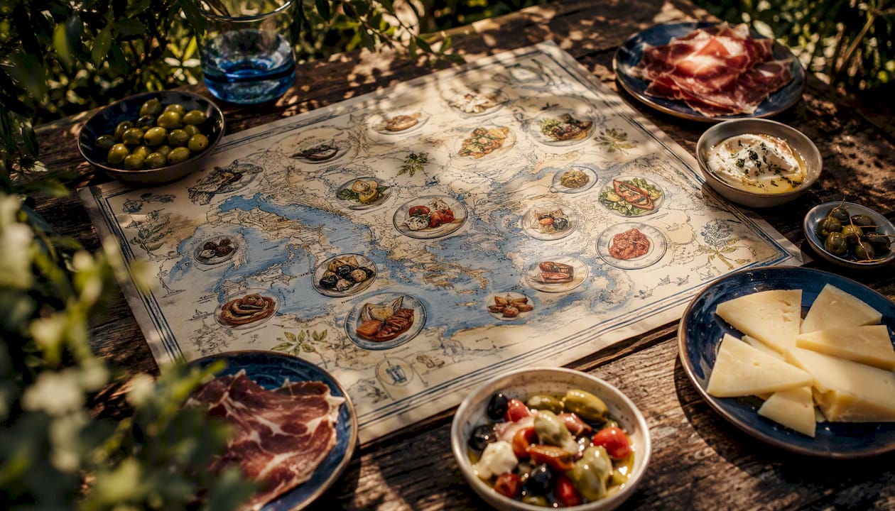 Mediterranean food regional map with tapas plates