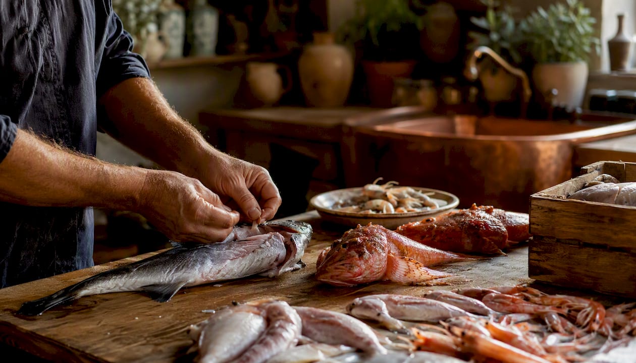 Fresh seafood laid out for preparation