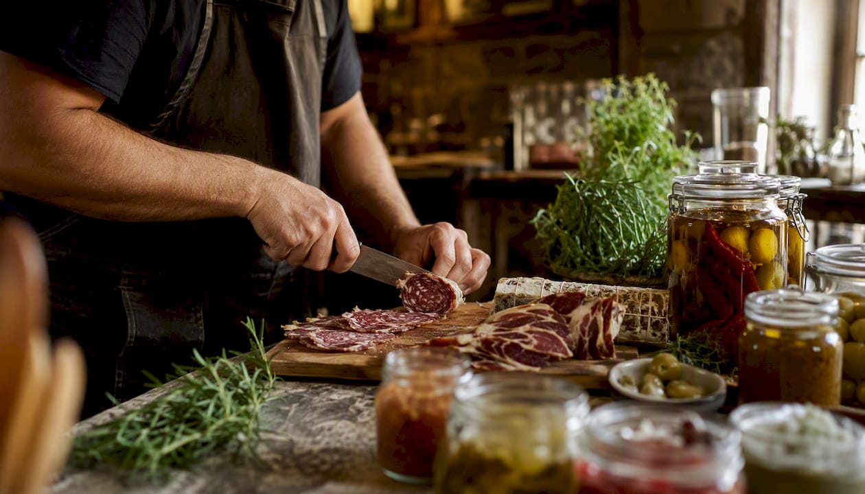 Chef slicing cured charcuterie in kitchen