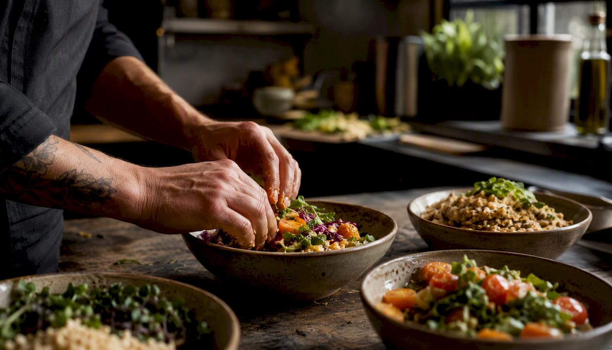 Manos de chef elaborando platos a base de ingredientes vegetales