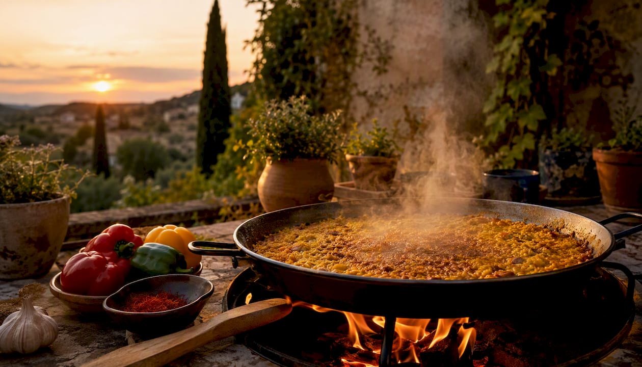 Paella pan with cooking rice and socarrat crust