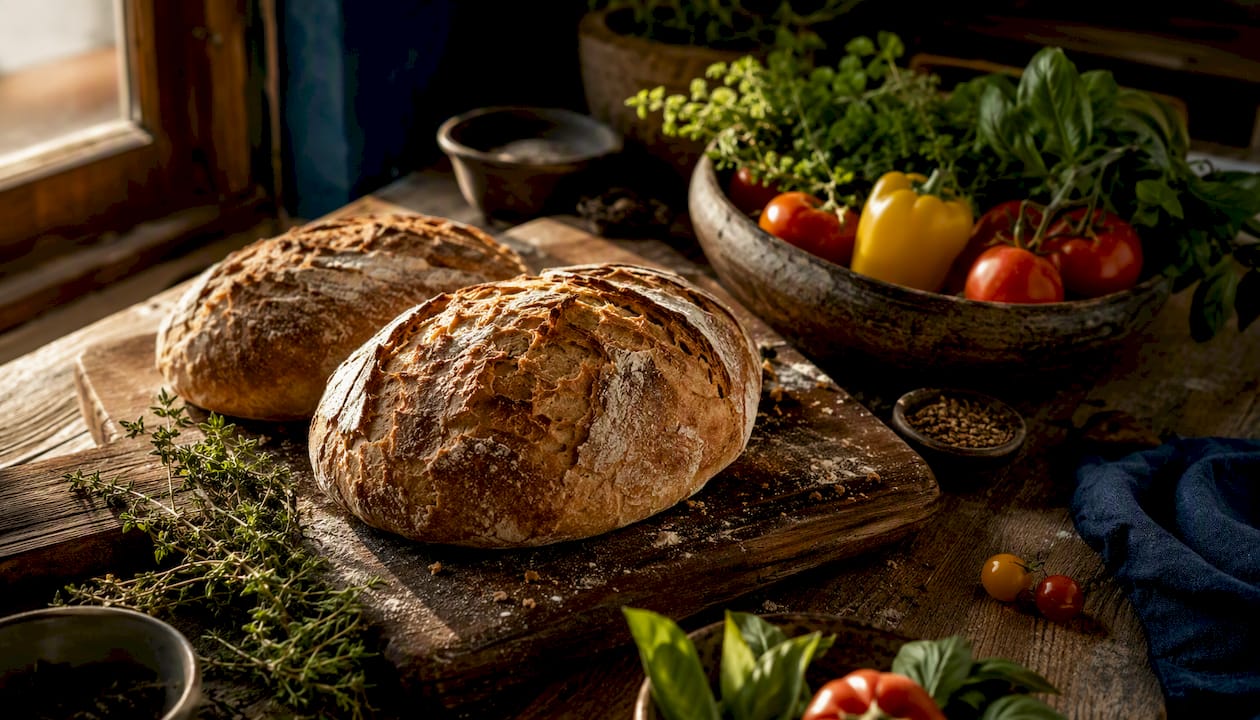 Artisanal Mediterranean bread with fresh produce