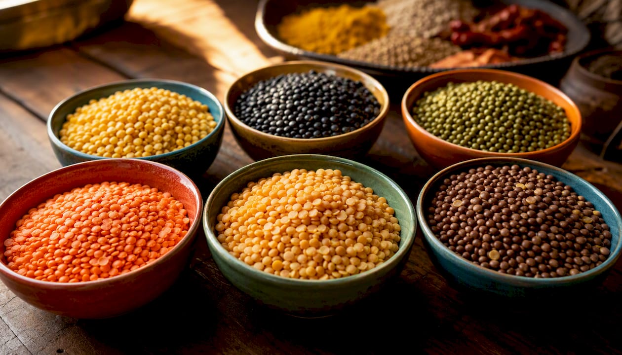 Cuencos llenos de diferentes tipos de lentejas dal, cada uno con colores vibrantes y apetitosos.