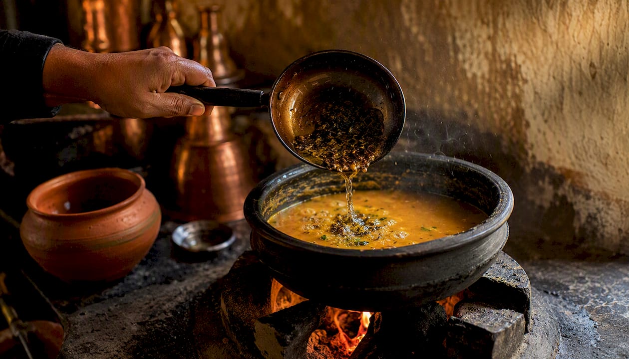 Manos añadiendo especias aromáticas al guiso de lentejas.