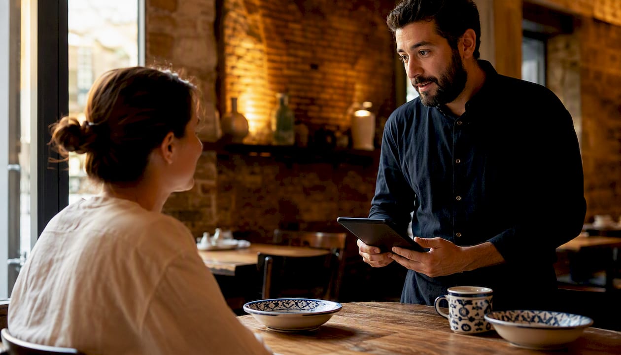 Camarero tomando nota con una tablet en la mesa del restaurante