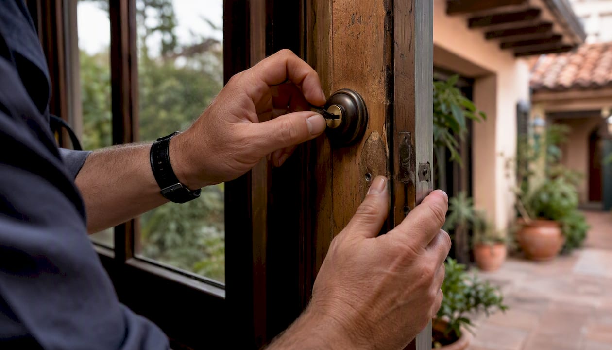 Inspector hands checking door hinge details