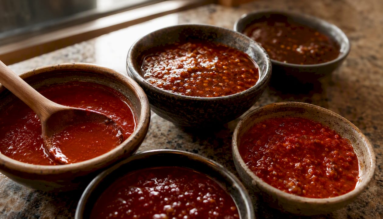 Salsas tradicionales preparadas con chile guajillo