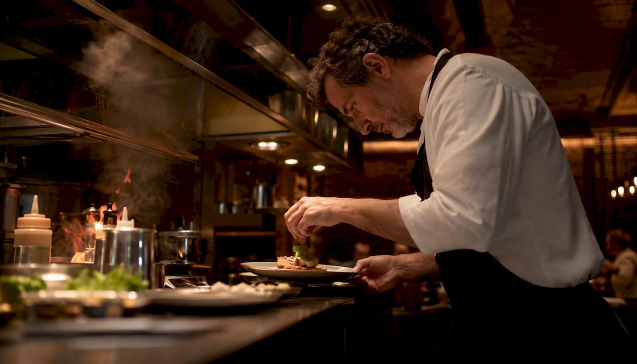 El chef da los últimos toques al plato frente a los comensales en la cocina abierta.