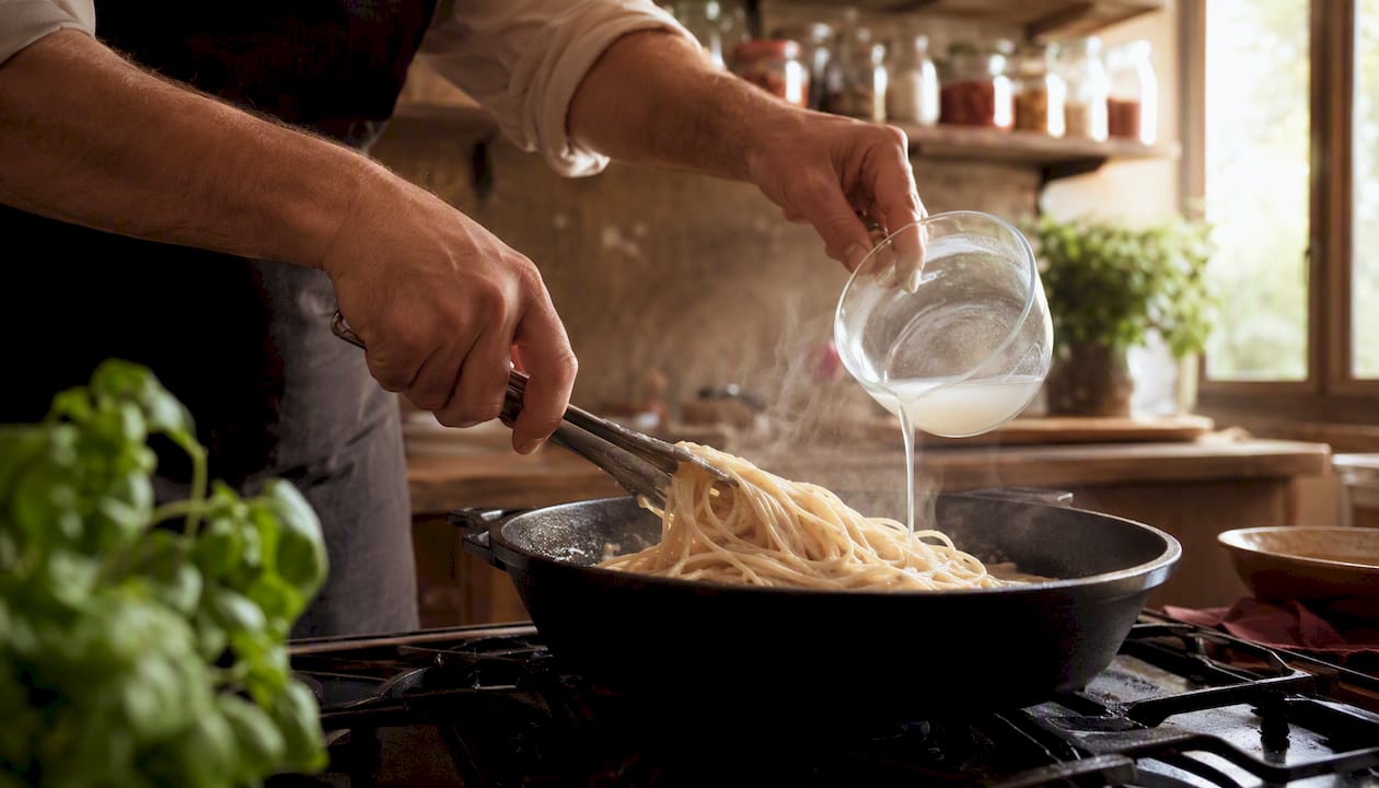 Unas manos mezclan la pasta con la salsa directamente en la sartén.