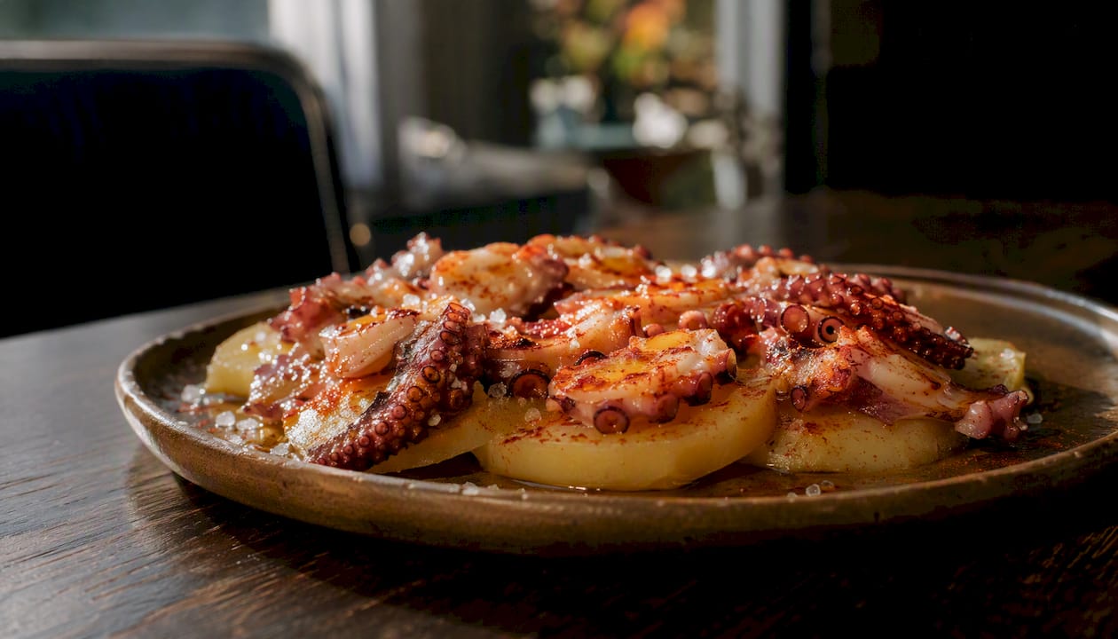 Pulpo a feira recién servido, espolvoreado con pimentón y un toque de sal gruesa, acompañado de un chorrito de aceite de oliva.