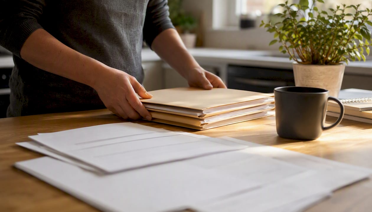 Organized blank permit application documents on desk
