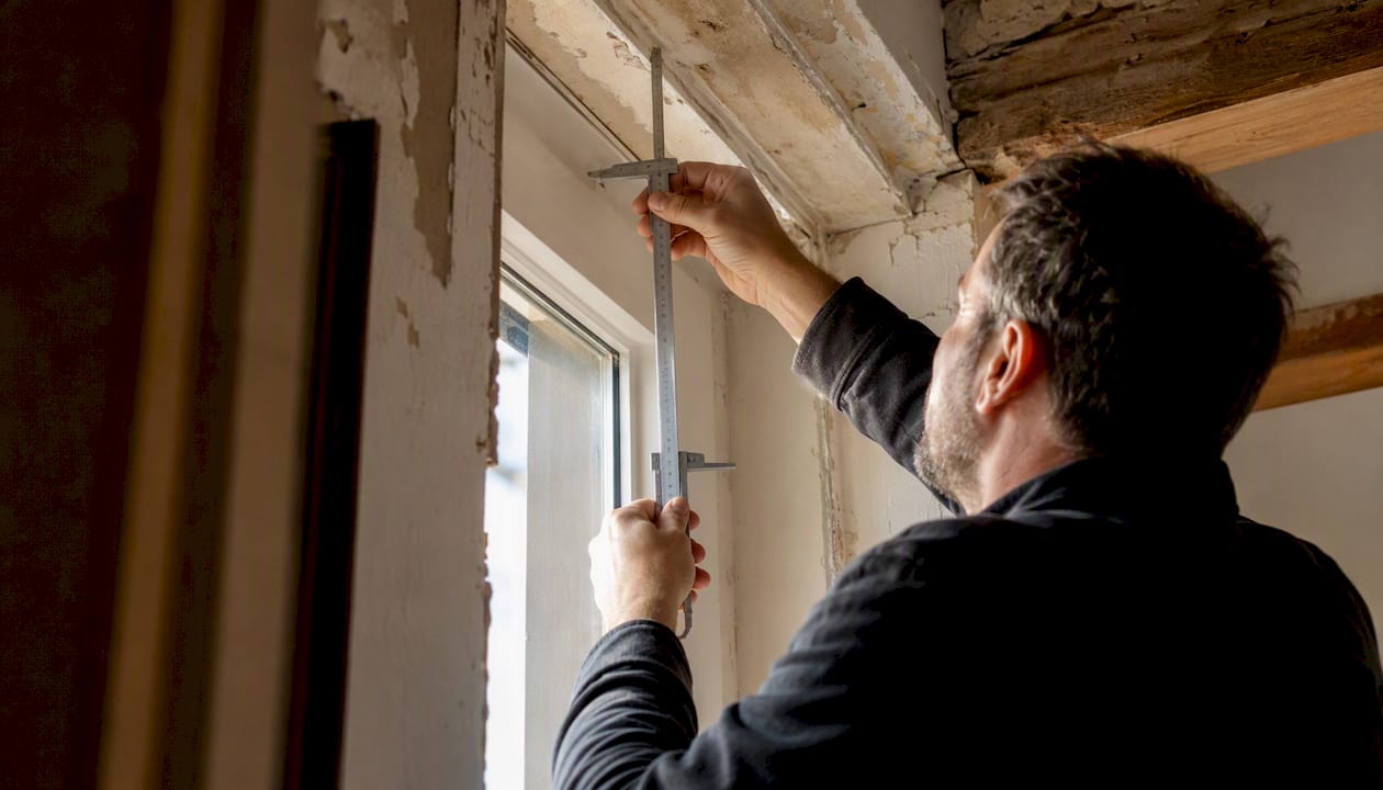 Arquitecto revisando el marco de una ventana en un piso de Valencia