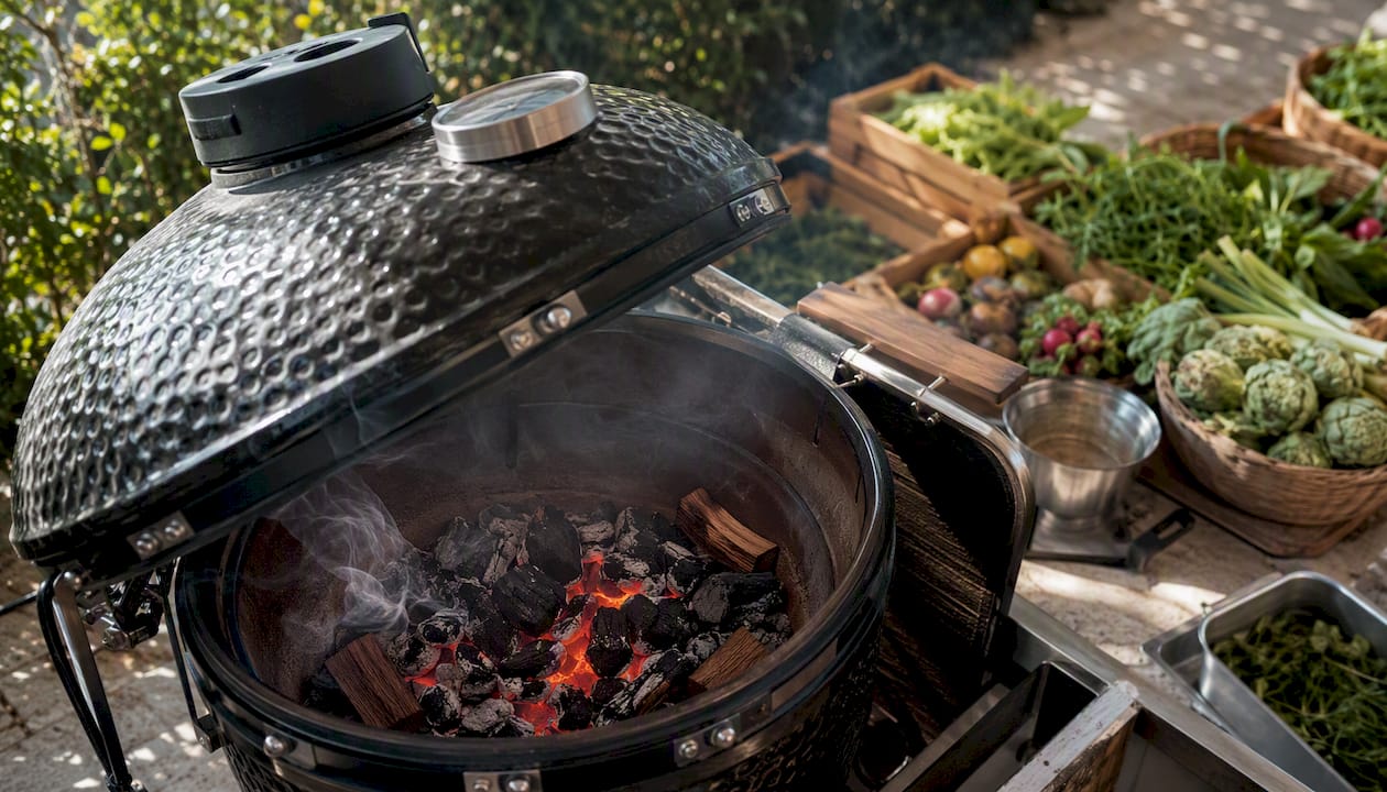 Detalle de un kamado de cerámica con brasas encendidas