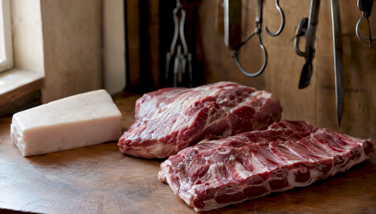 Bloque de manteca de cerdo acompañado de trozos de carne de cerdo fresca