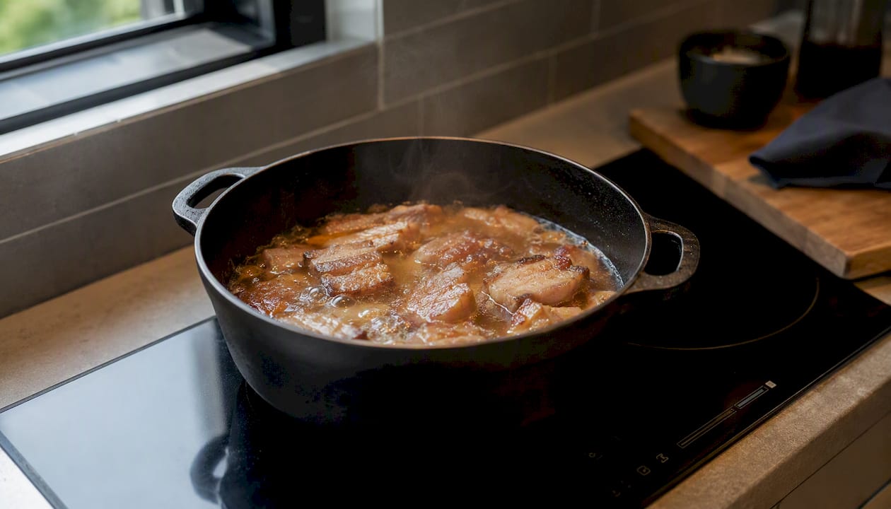 Carnitas cocinándose a fuego lento en una olla de hierro sobre una placa de inducción