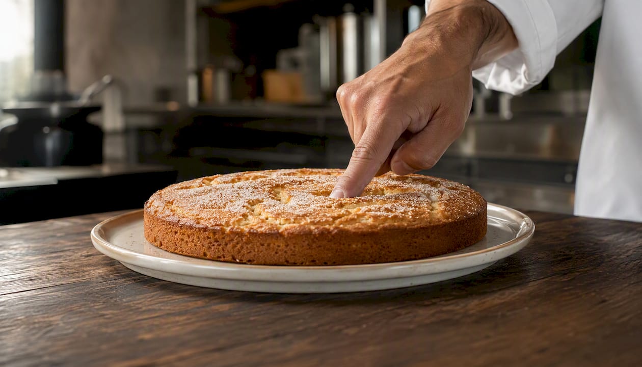 Comprobando el dorado perfecto de la tarta de Santiago recién horneada