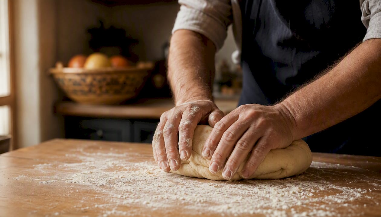 Unas manos trabajando la masa para preparar una auténtica empanada gallega