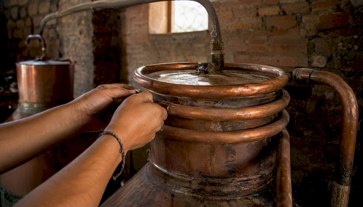 Manos acomodando las serpentinas de cobre durante la destilación de bacanora.