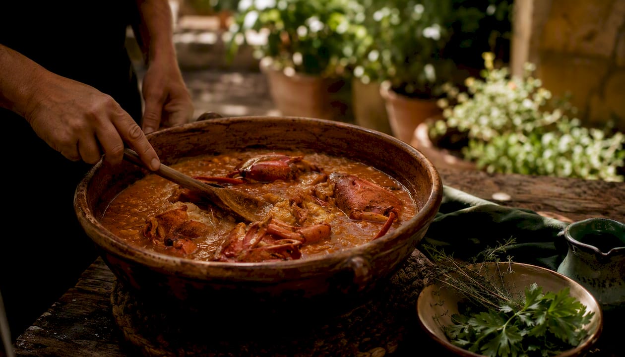 Chef cooking bogavante arroz caldoso in pot